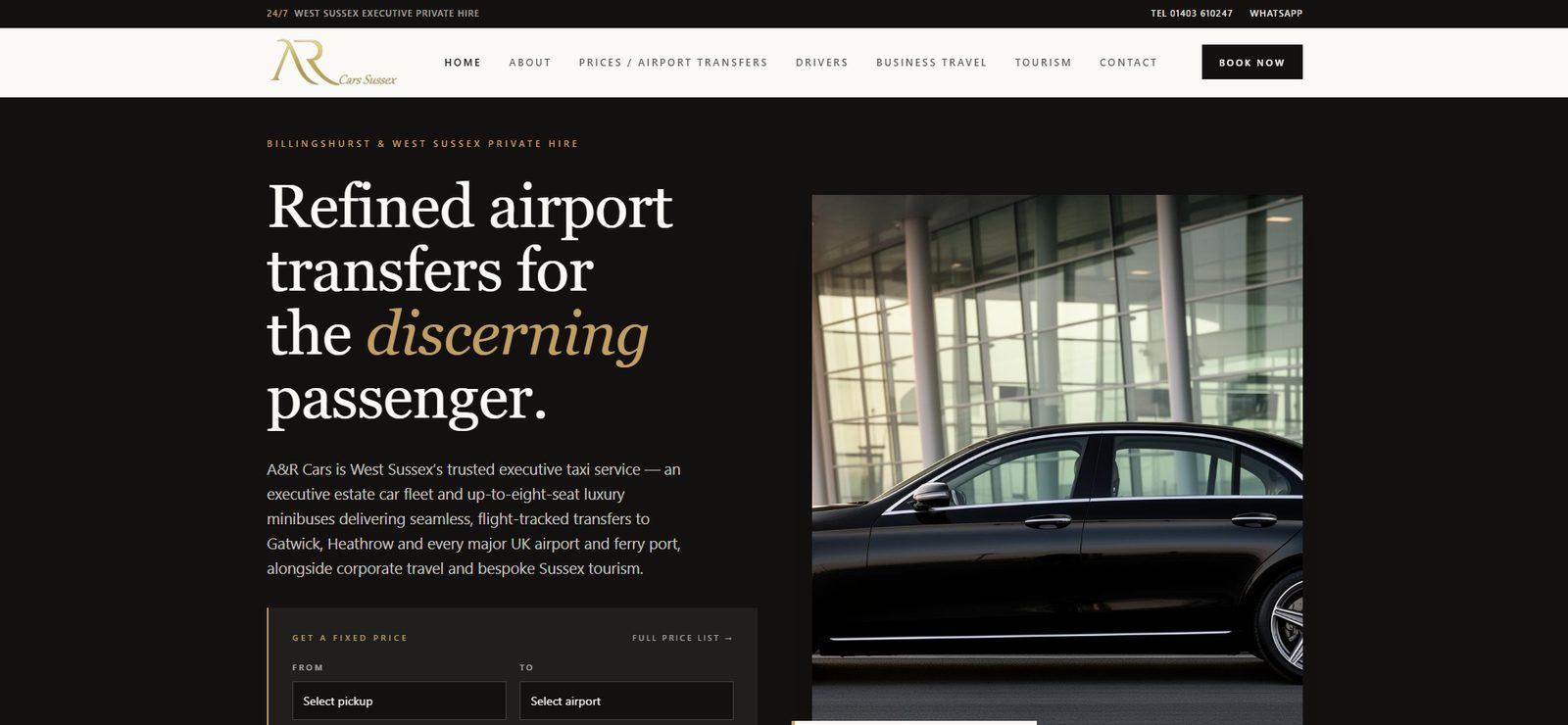 A&R Cars Sussex home page showing the executive airport transfer hero section