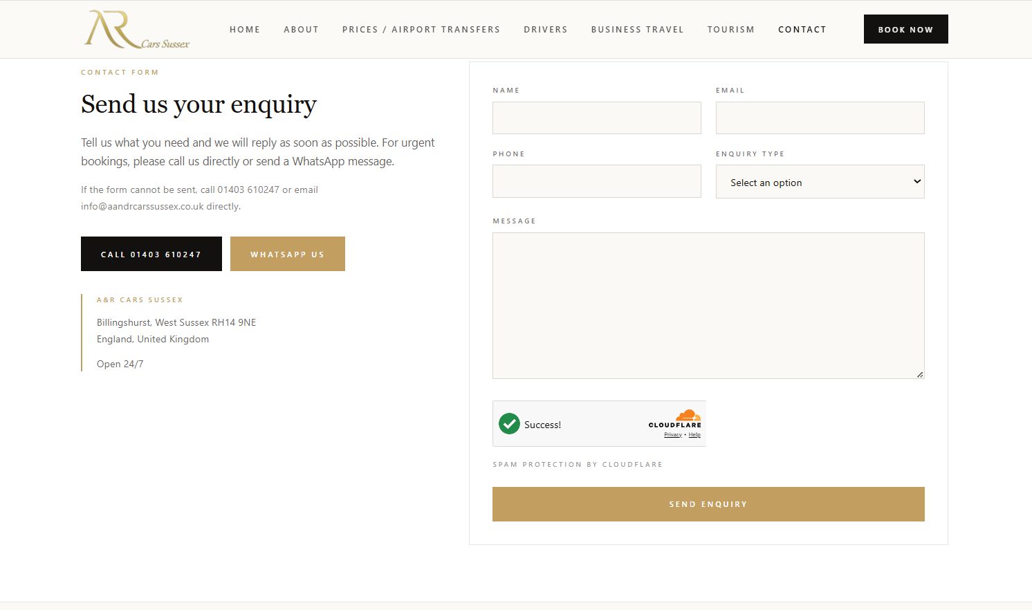 A&R Cars Sussex enquiry form with spam protection and a send enquiry button