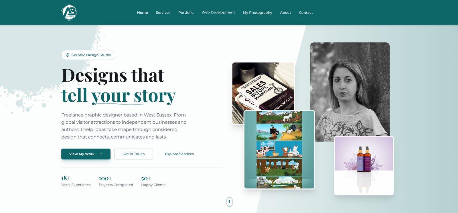 Angela Basker Designs home page with the headline Designs that tell your story