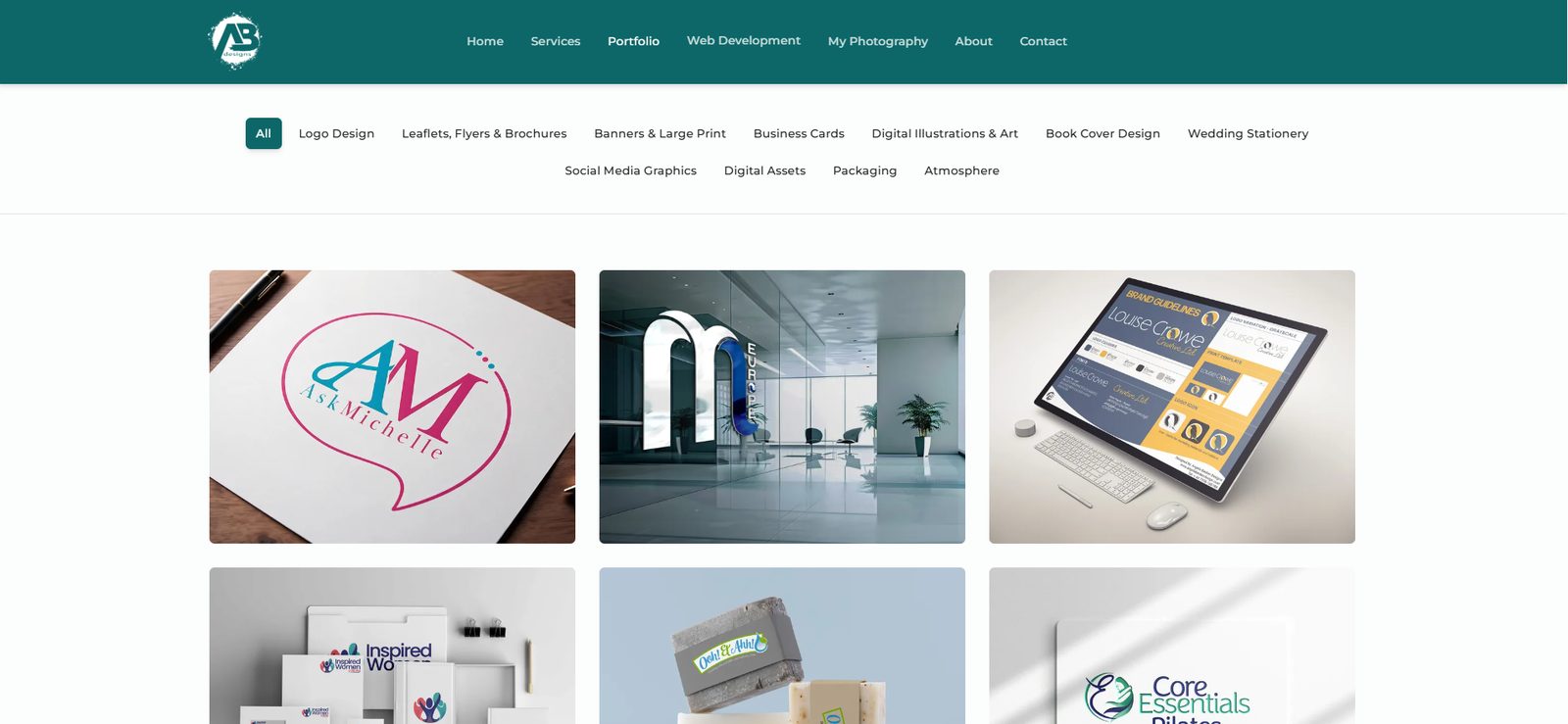 Angela Basker Designs filterable portfolio grid of logo and branding projects