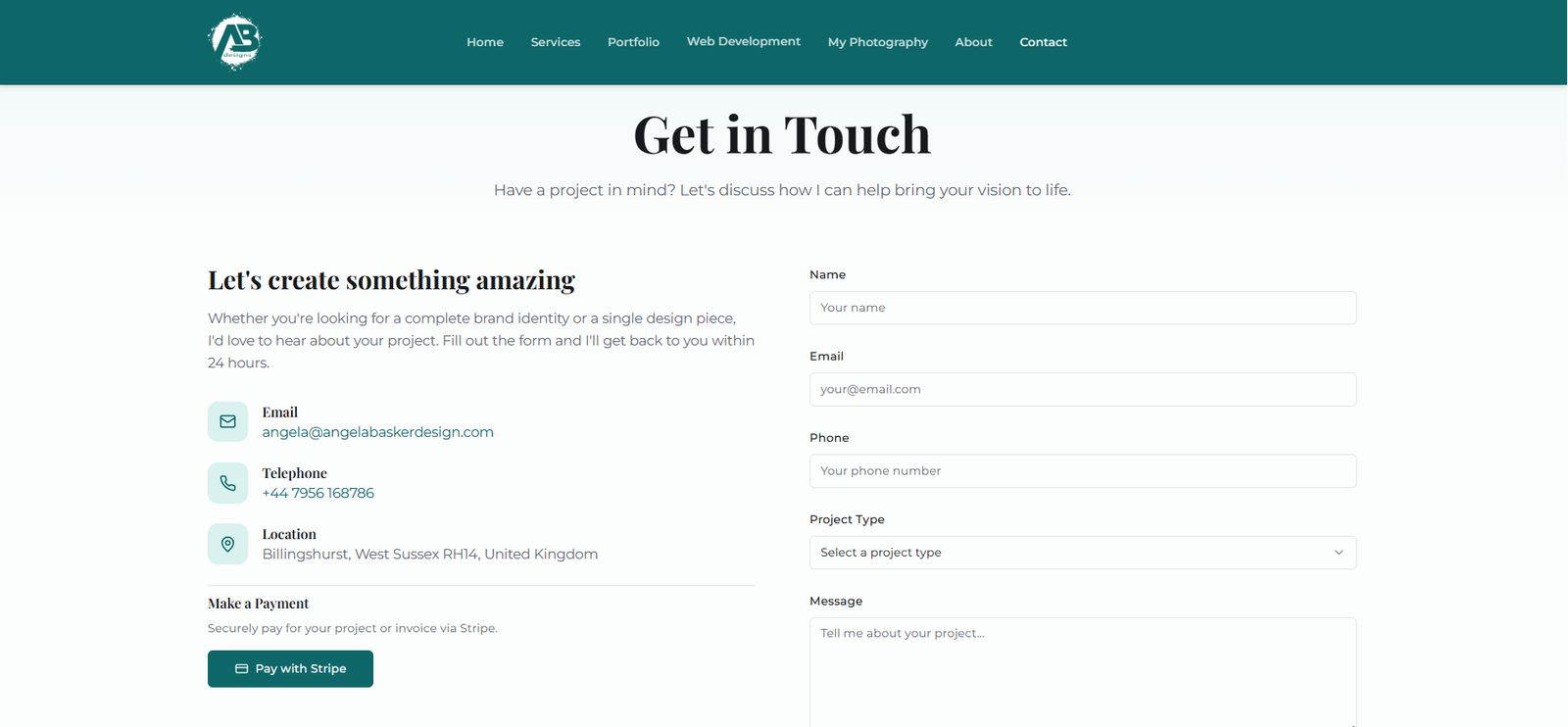 Angela Basker Designs contact page with enquiry form and Stripe payment option