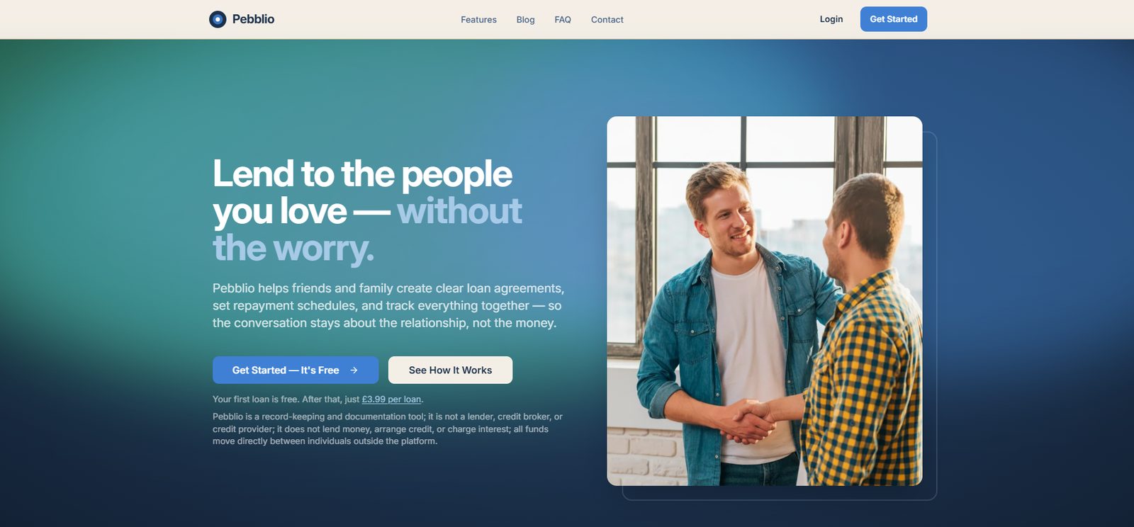 Pebblio home page with the headline about lending to people you love without the worry