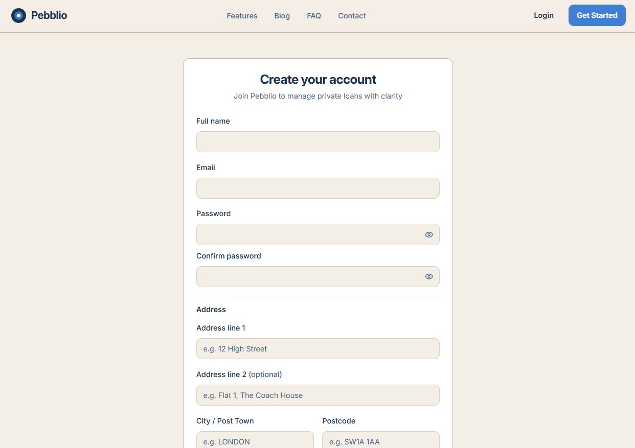 Pebblio account creation form with name, email, password and address fields