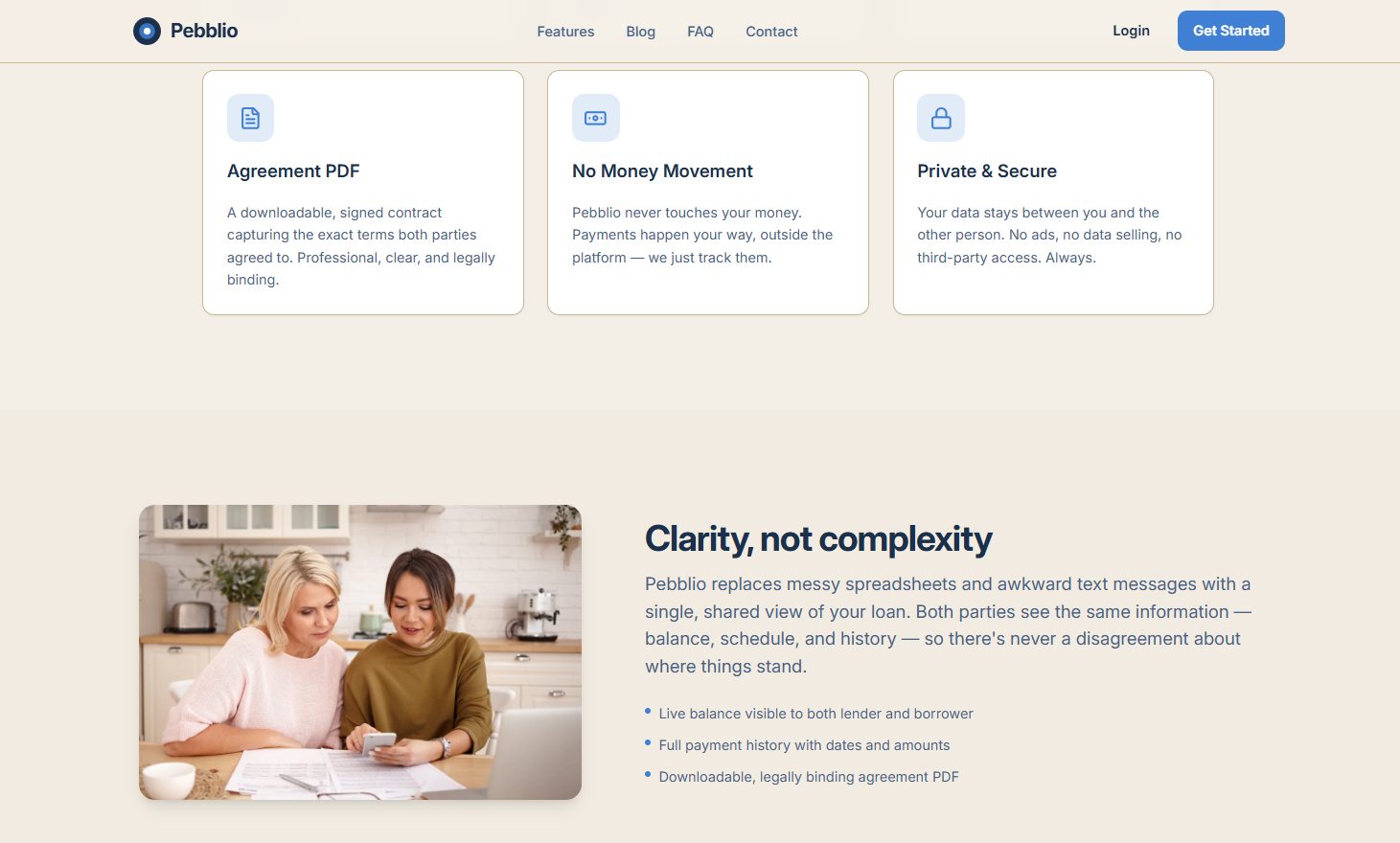 Pebblio feature section explaining agreement PDFs, no money movement and privacy